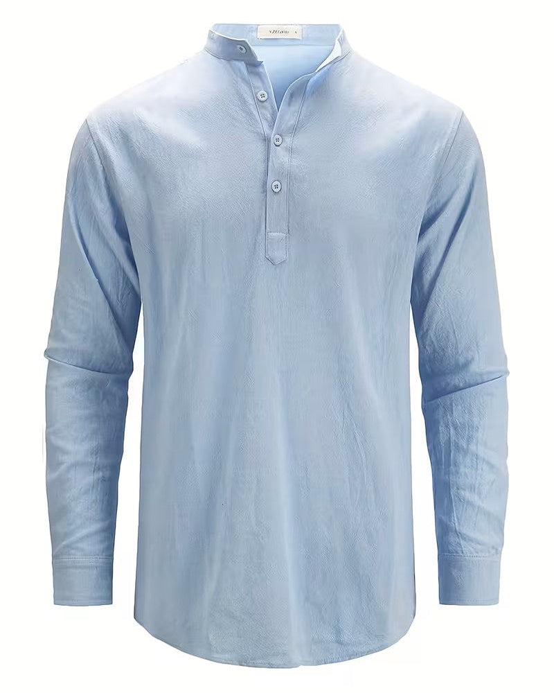 Camisa de hombre de mezcla de lino con cuello mandarín | Camisa de algodón de manga larga con cuello «grandad» | Camiseta informal ligera y transpirable