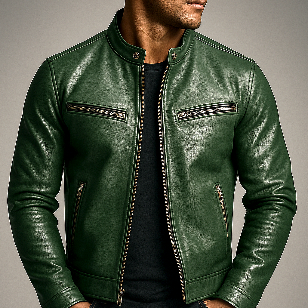 Chaqueta de cuero auténtico para hombre: abrigo informal ligero con pátina vintage, cuatro bolsillos y cremallera metálica; corte clásico