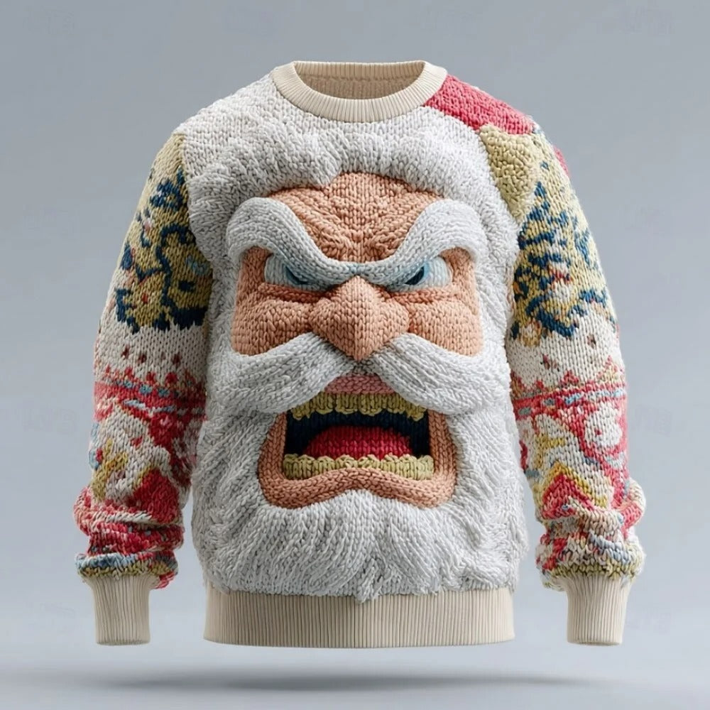 Pull de Noël pour homme – Pull en maille duveteuse à manches longues avec visage du Père Noël en 3D