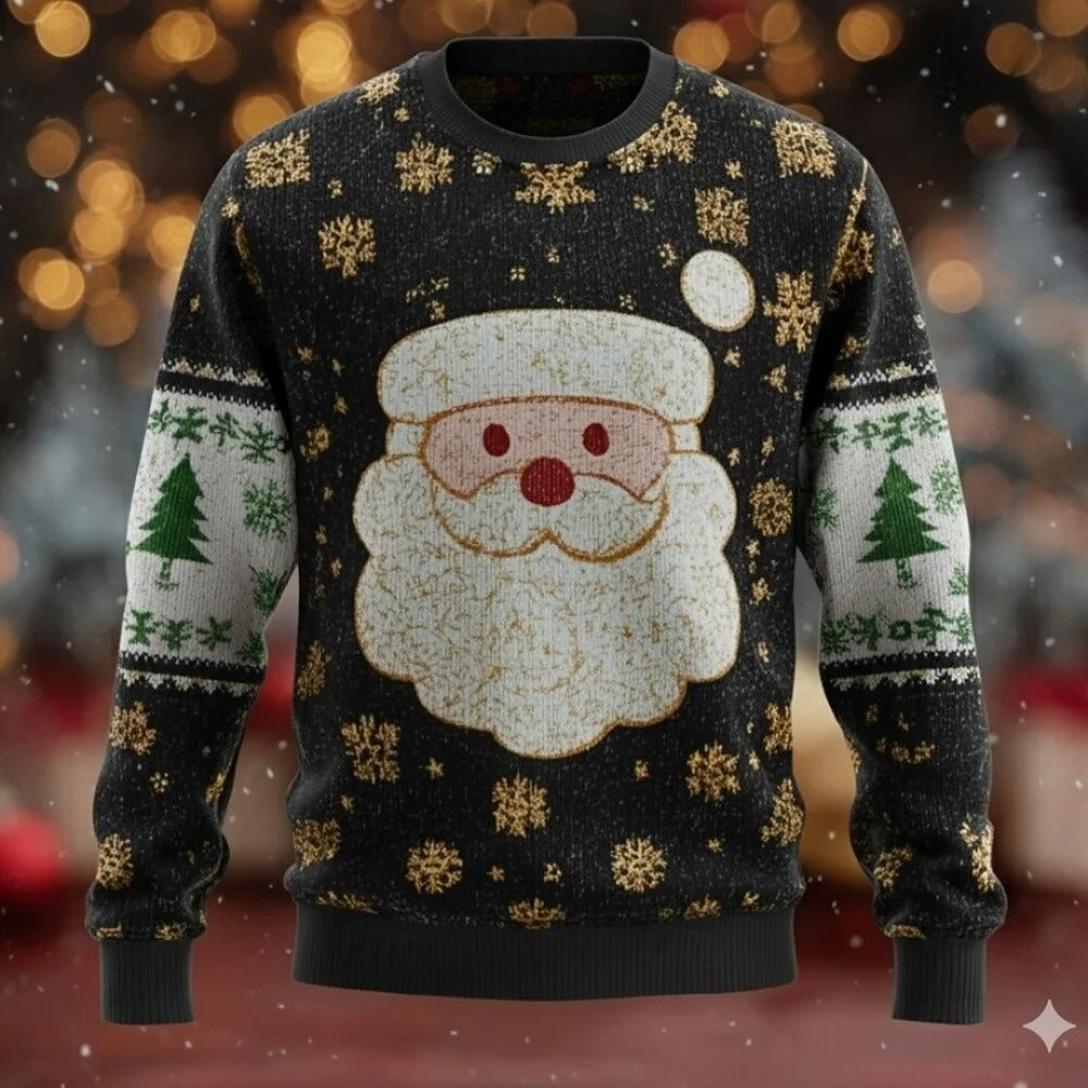 Pull de Noël pour homme – Pull en maille duveteuse à manches longues avec visage du Père Noël en 3D