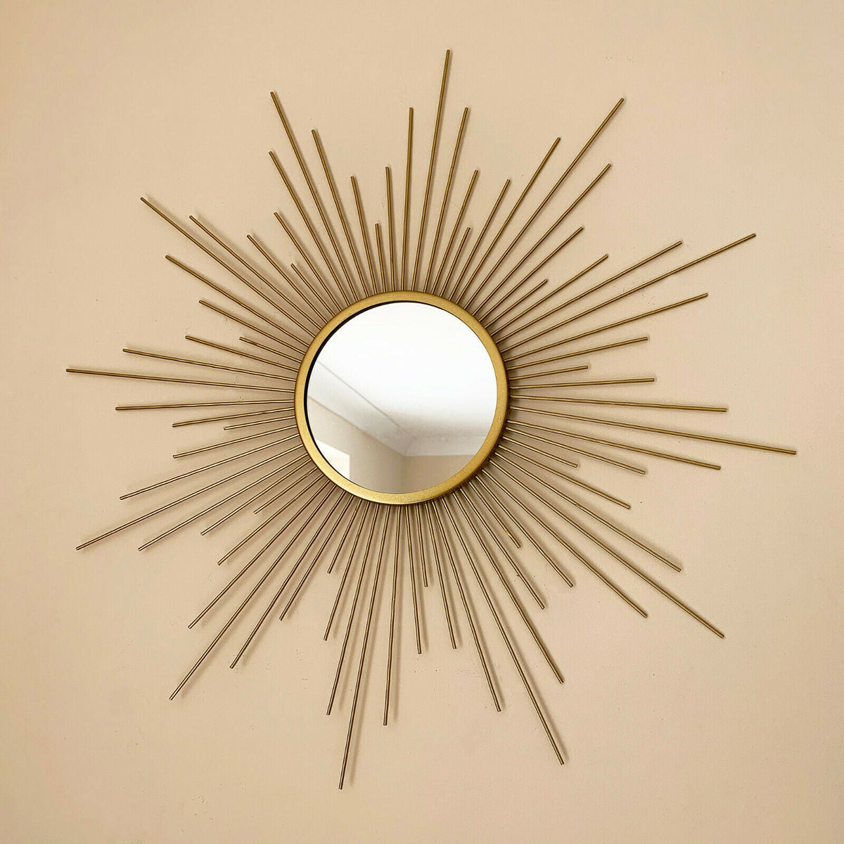 Oglindă de perete rotundă cu efect „Sunburst” | Oglindă decorativă din sârmă metalică pentru sufragerie și șemineu | Obiect decorativ de perete pentru casă