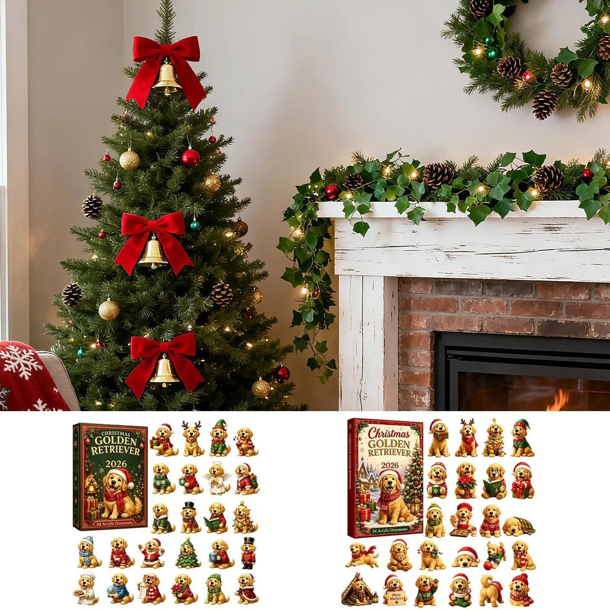 Calendar de Advent pentru Crăciun 2026 – Pandantiv drăguț cu un Golden Retriever american – Calendar cu numărătoare inversă de 24 de zile – Pandantiv cu un câine în formă de brad de Crăciun 2D