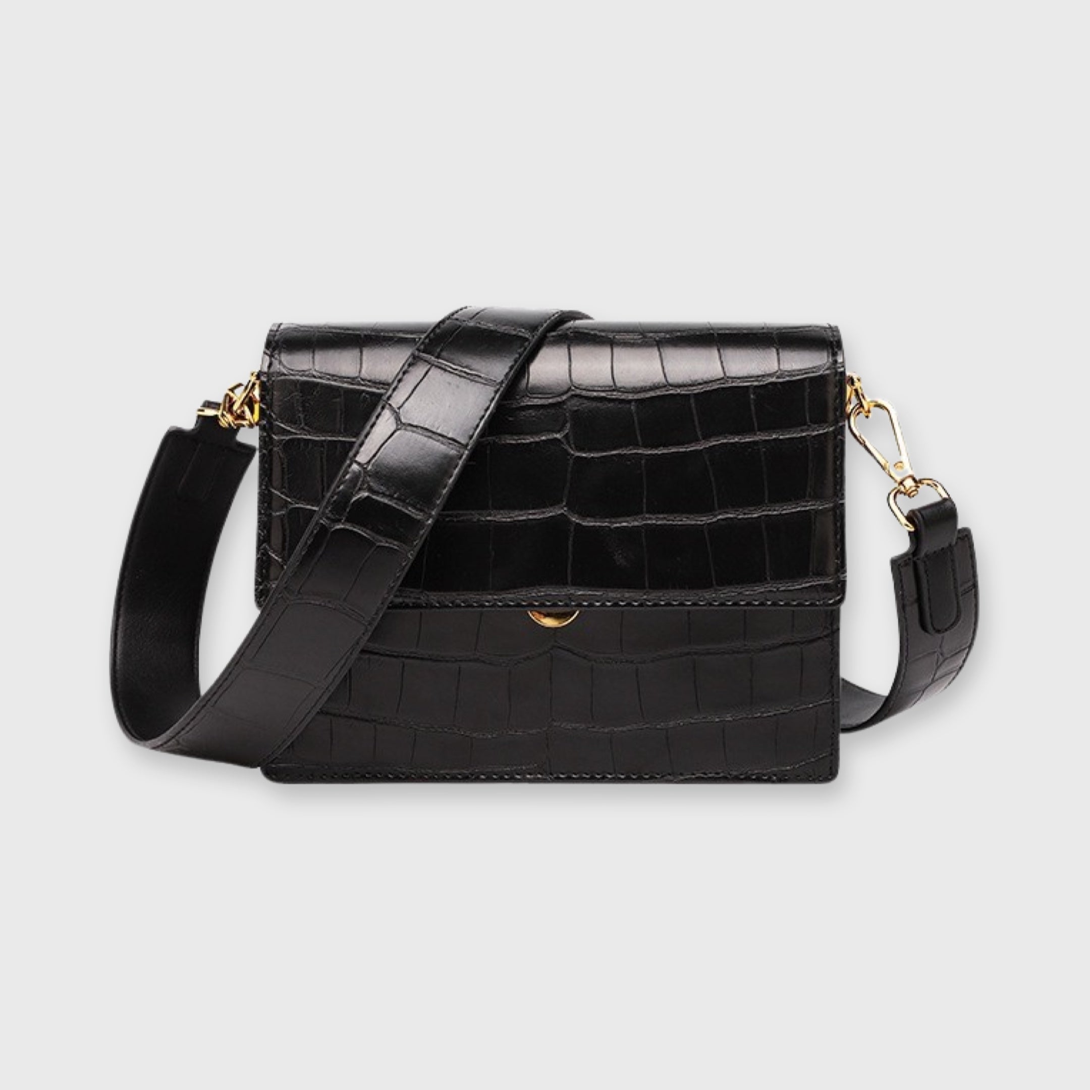 Black crocodile-print shoulder bag front view