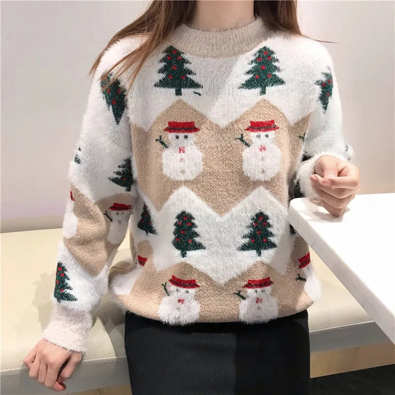 Julesweater til kvinder med motiv af snemand og juletræ – hyggelig striktrøje