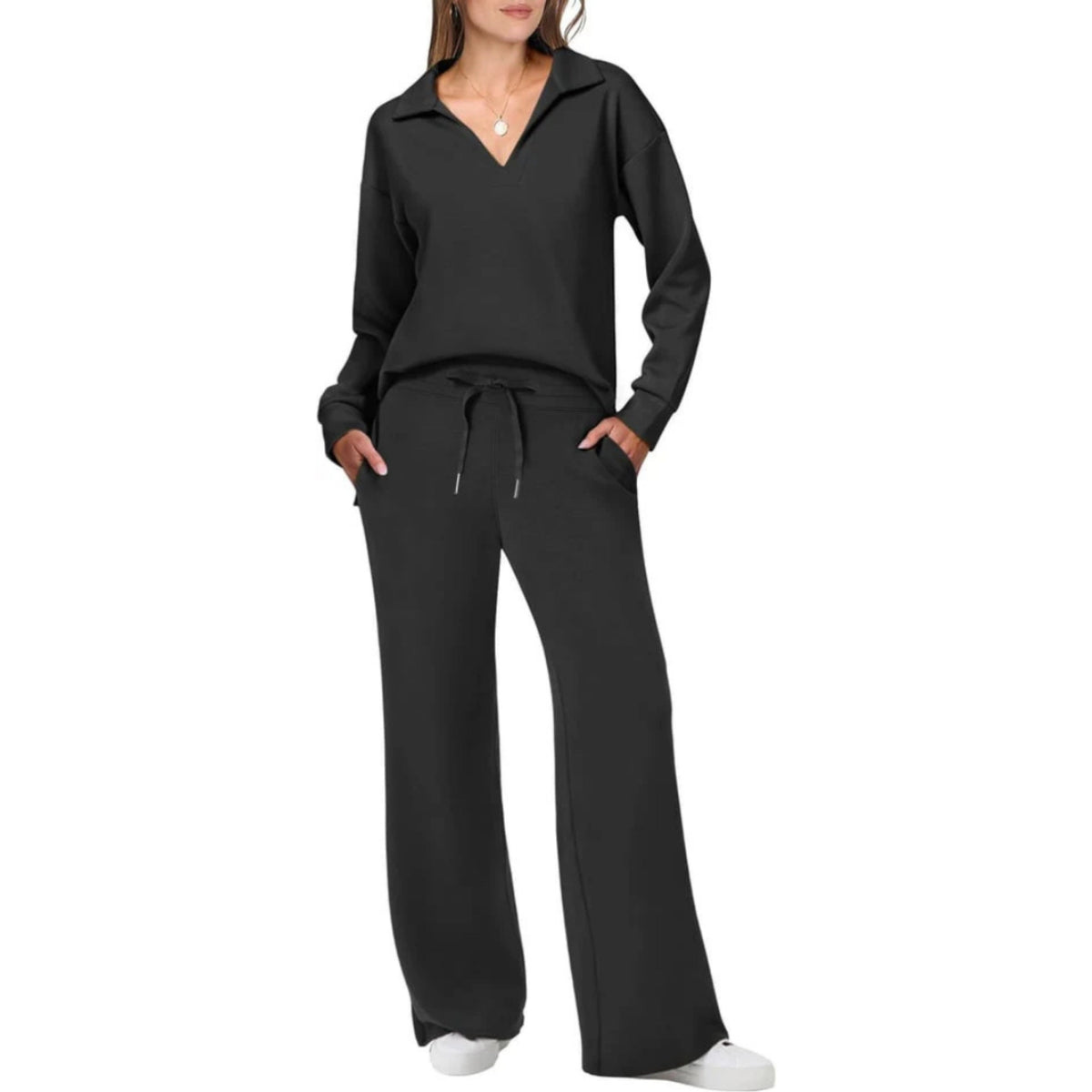Refined Loungewear Set | Elegant V-Neck Top & Relaxed Pants