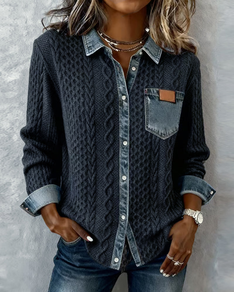 Long Sleeve Shirt with Denim Patchwork | Casual Cotton Blend Button Up Top | Regular Fit Shirt Collar Blouse for Daily Wear