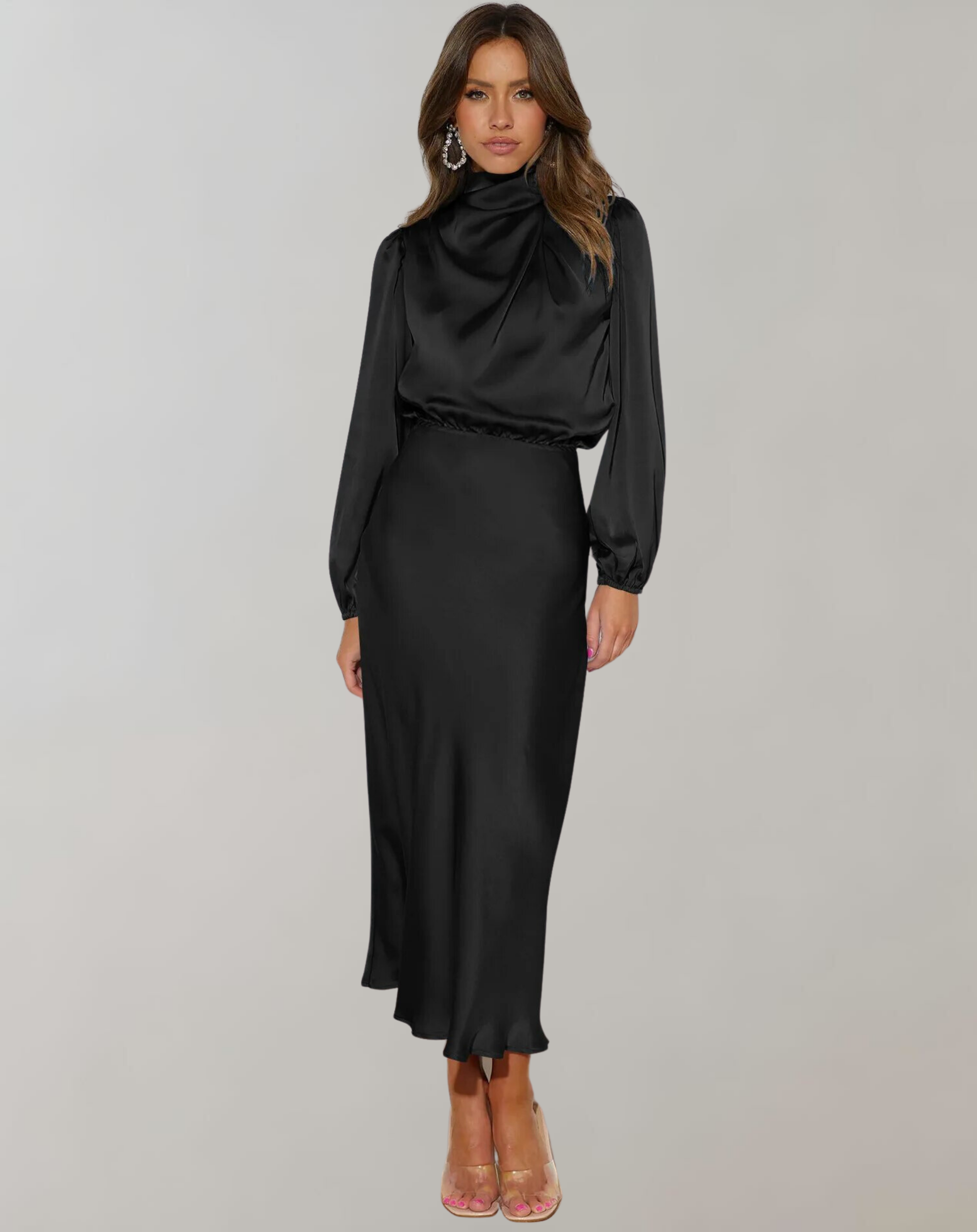 Rochie midi mulată din satin, cu mâneci lungi | Care pune în valoare silueta