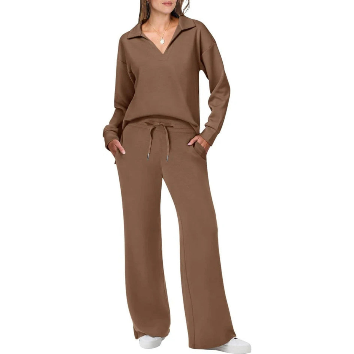 Refined Loungewear Set | Elegant V-Neck Top & Relaxed Pants