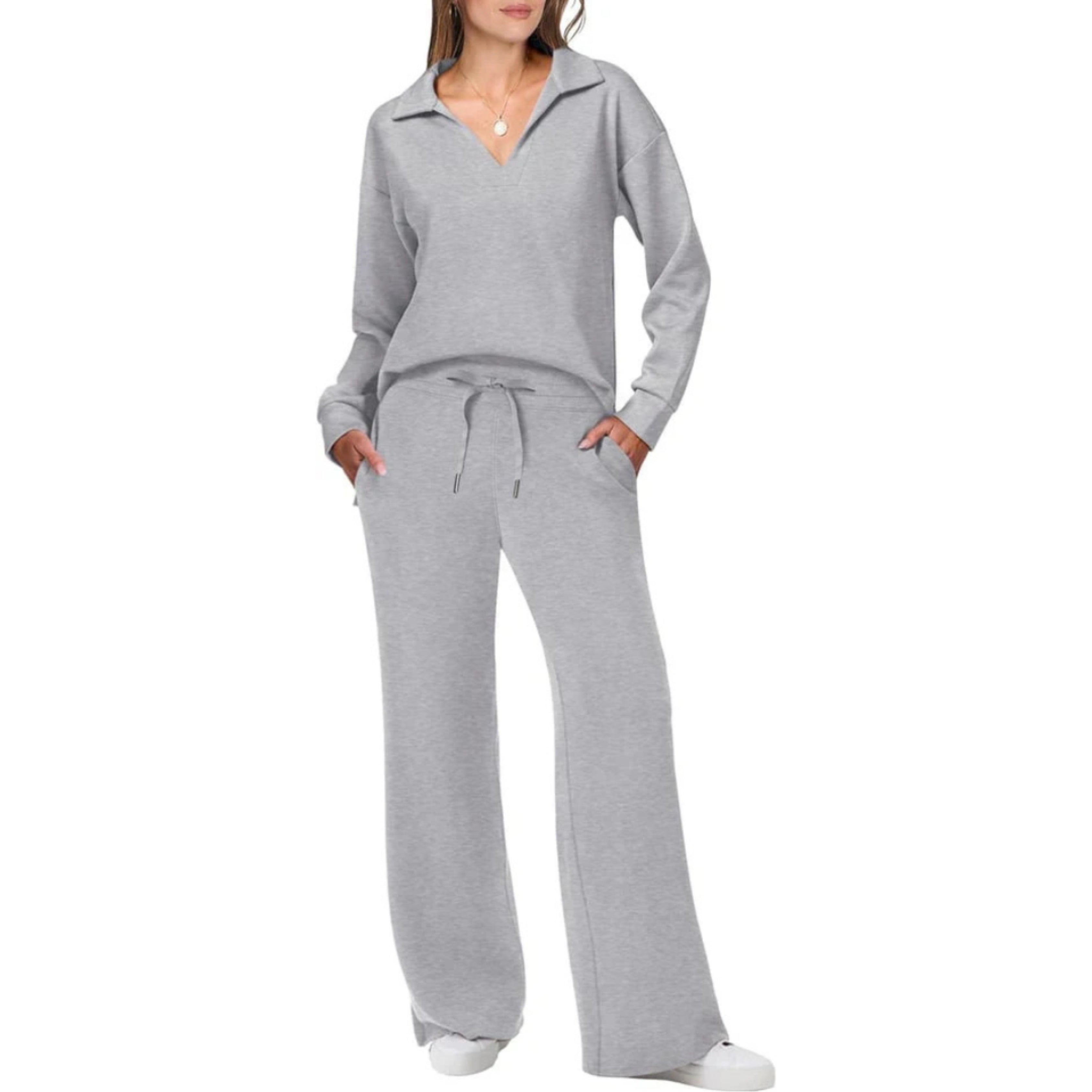Refined Loungewear Set | Elegant V-Neck Top & Relaxed Pants
