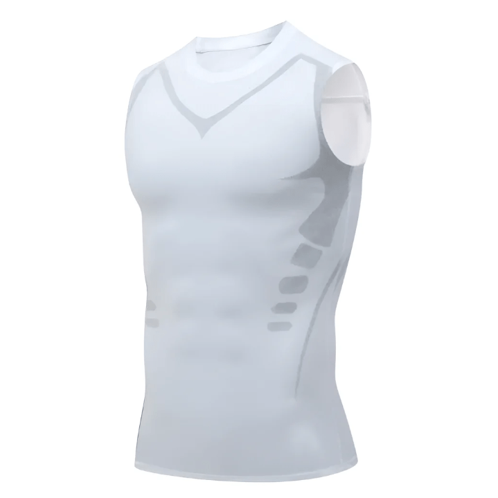 Canotta sportiva senza maniche bianca, design aderente, tessuto traspirante, ideale per allenamento e fitness, abbigliamento tecnico uomo.