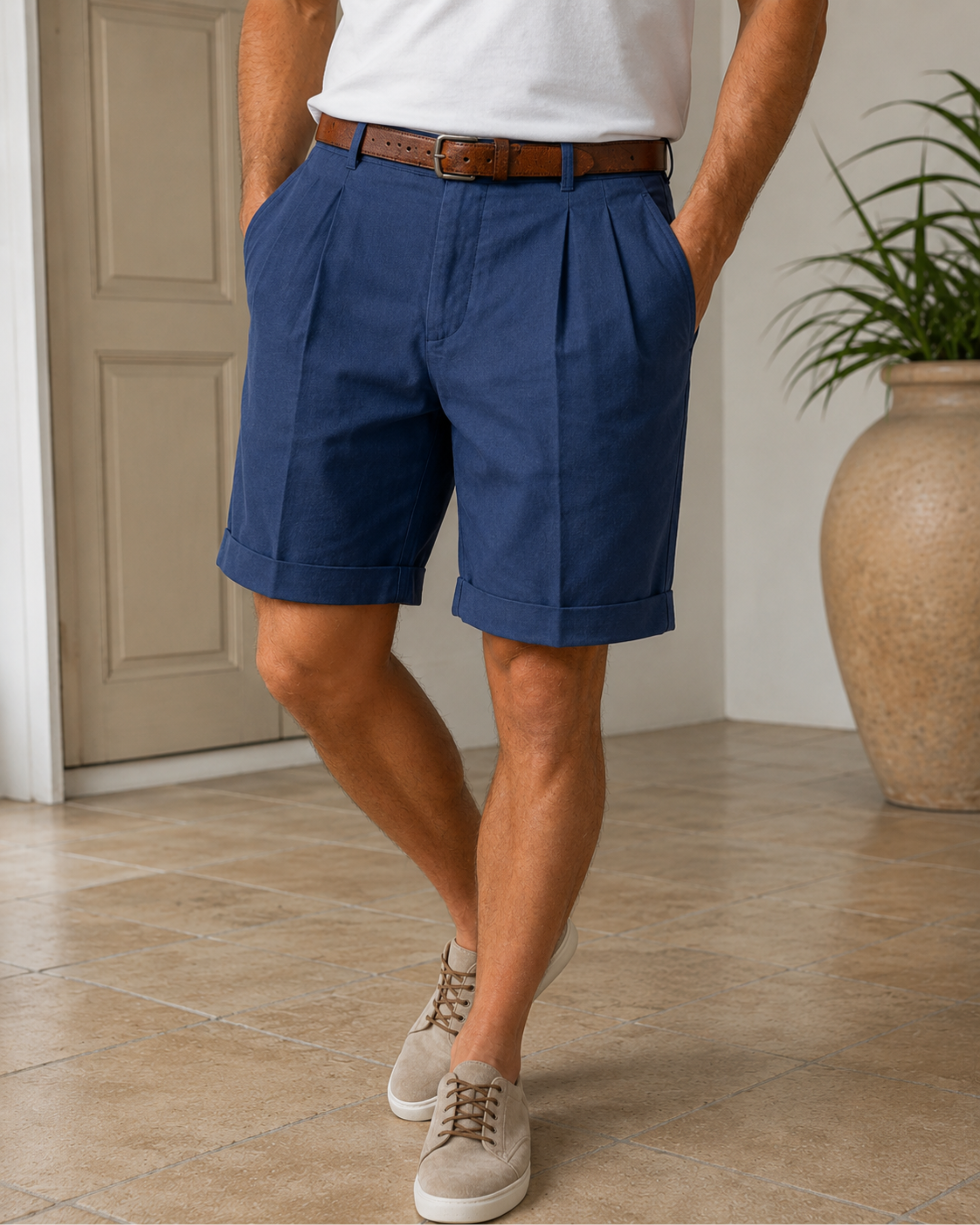 Short classique à plis pour homme | Short chino d'été chic et décontracté, coupe ajustée, en tissu structuré et avec braguette à fermeture éclair