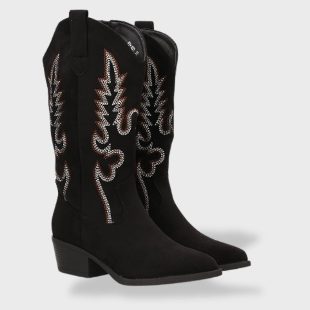 Women's Orthopedic Suede Cowboy Boots with Western Embroidery | Comfortable Low Heel Boots with Anatomical Support