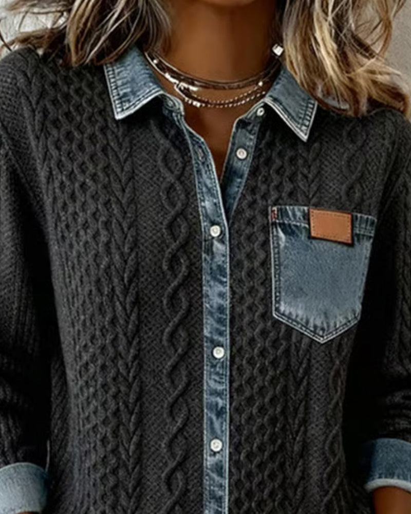 Long Sleeve Shirt with Denim Patchwork | Casual Cotton Blend Button Up Top | Regular Fit Shirt Collar Blouse for Daily Wear