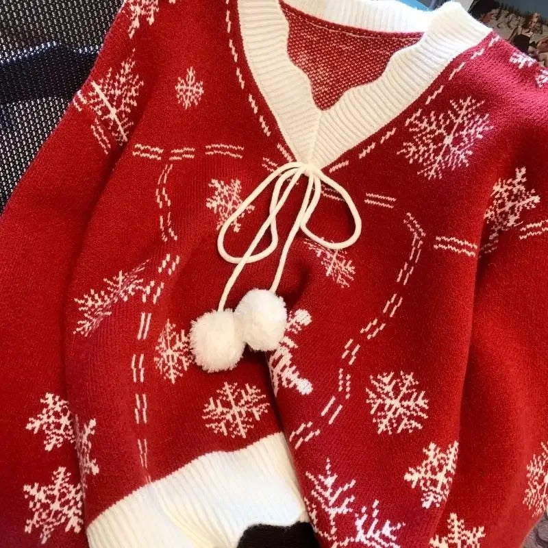 Pull de Noël pour femme à motifs de flocons de neige – Pull en maille blanc vintage avec imprimé de flocons de neige rouges