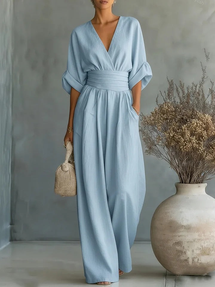 Women's V-Neck Wide Leg Jumpsuit - Lightweight Short Sleeve Fluid One-Piece with Cinched Waist for Summer and Evening Events