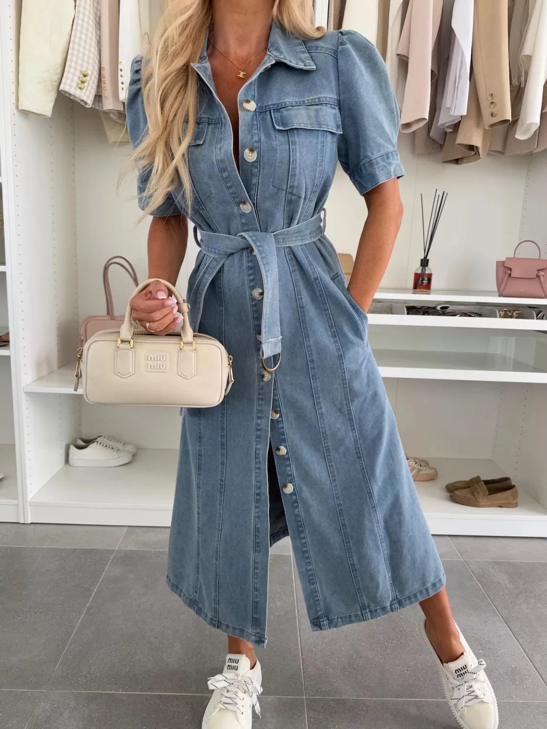Maxi-denimkjole med ærmer