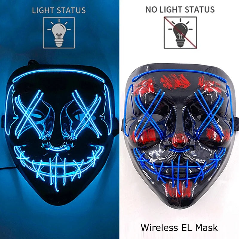Bezdrátová neonová LED maska na pročištění – maska na Halloween a cosplay, která svítí ve tmě