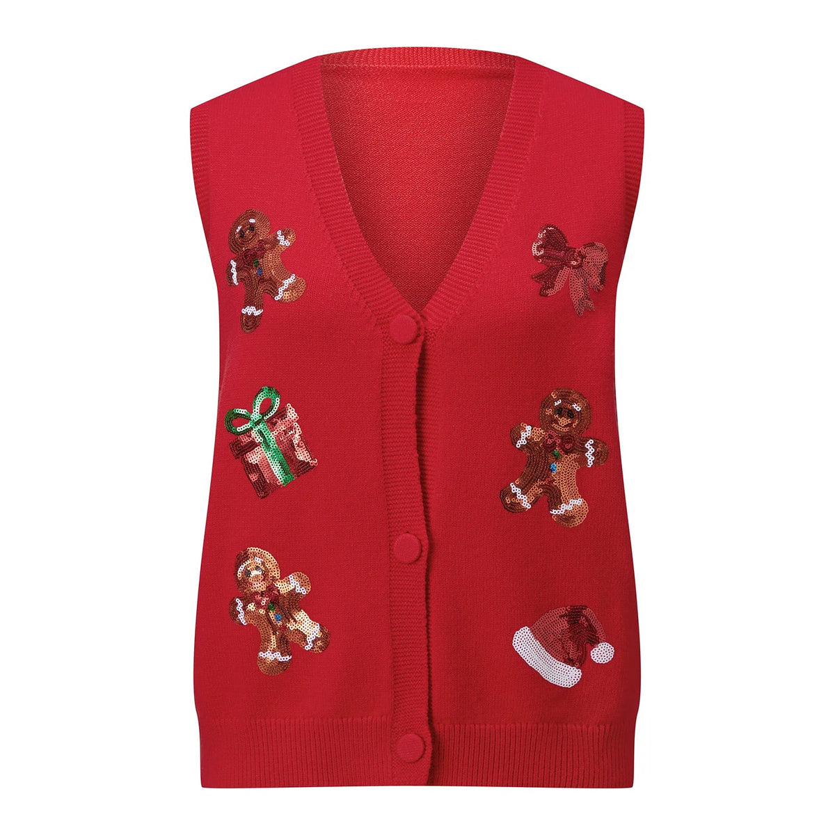 Gilet de Noël pour femme – Cardigan festif à boutons, orné de paillettes représentant des bonhommes en pain d'épices et des cannes à sucre