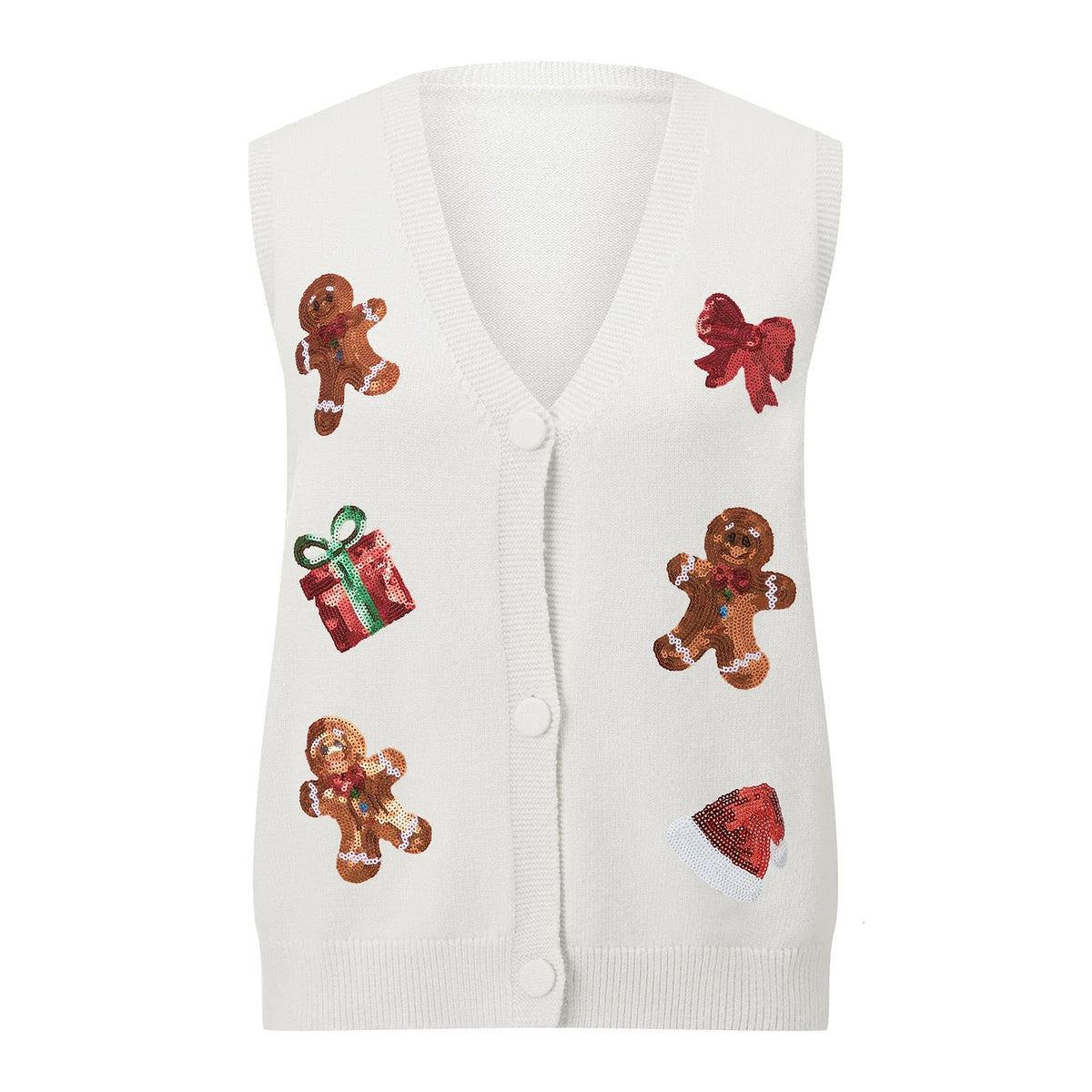 Gilet de Noël pour femme – Cardigan festif à boutons, orné de paillettes représentant des bonhommes en pain d'épices et des cannes à sucre