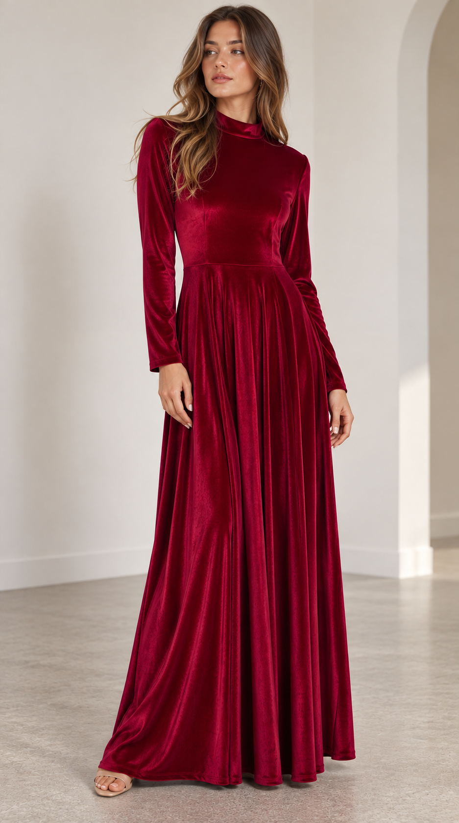 Robe midi en velours à manches longues pour femme | Robe de cérémonie de coupe trapèze pour les invités de mariage, idéale pour les événements formels d'automne-hiver | Coupe confortable