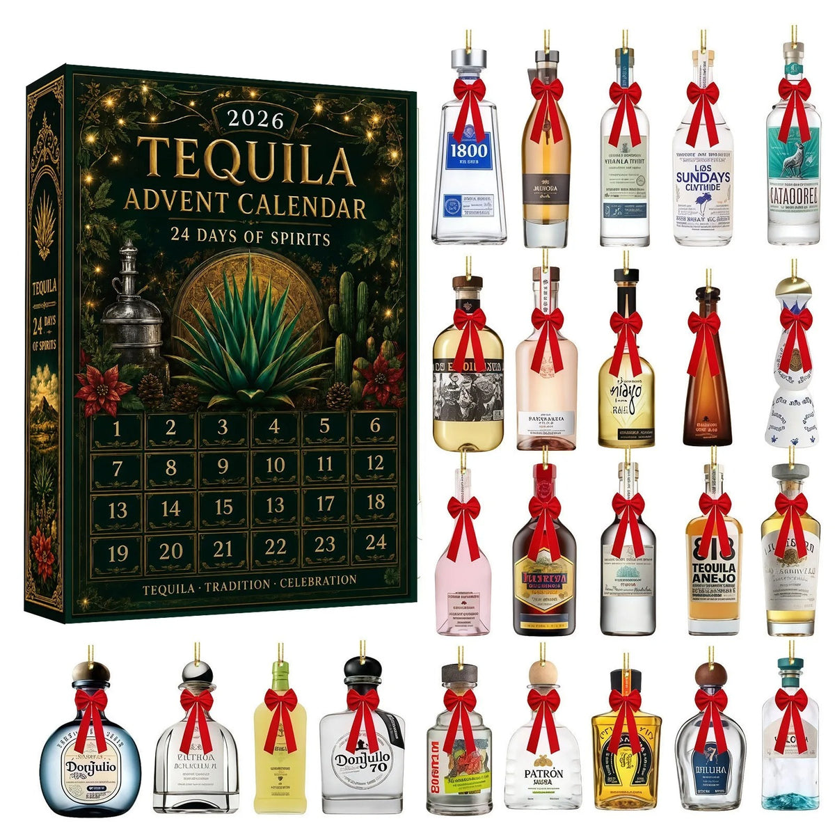 Tequila-julekalender 2026 – 24 julepynt i form af små flasker til at hænge op