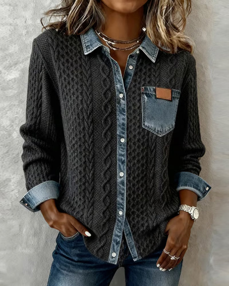 Long Sleeve Shirt with Denim Patchwork | Casual Cotton Blend Button Up Top | Regular Fit Shirt Collar Blouse for Daily Wear