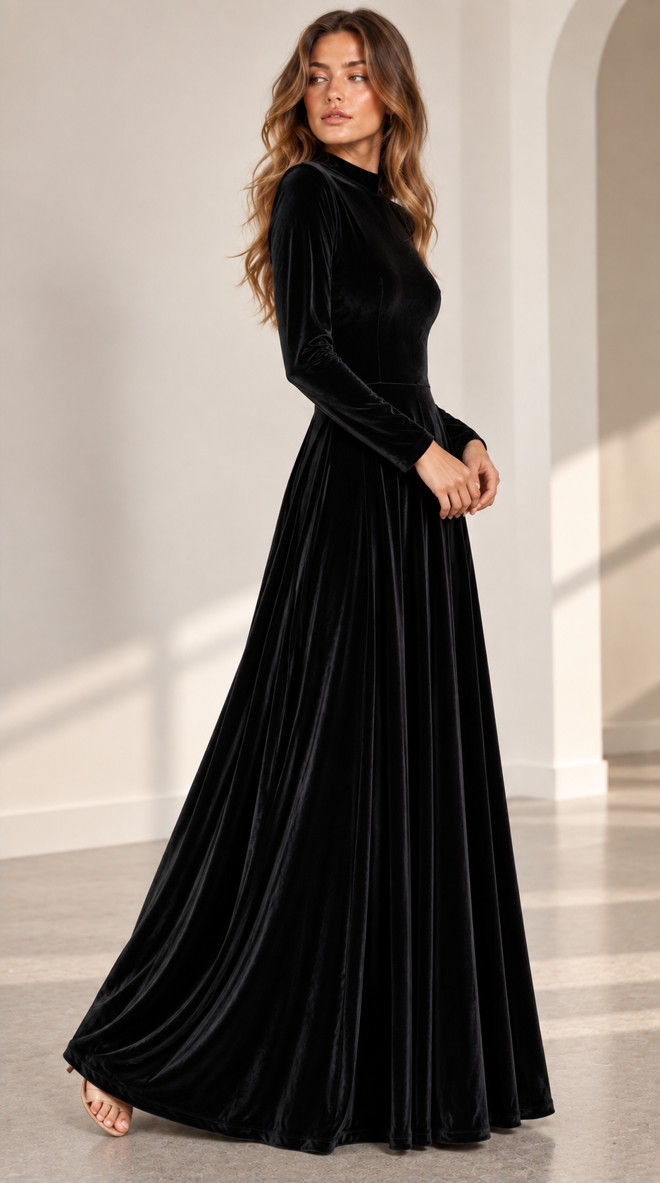 Robe midi en velours à manches longues pour femme | Robe de cérémonie de coupe trapèze pour les invités de mariage, idéale pour les événements formels d'automne-hiver | Coupe confortable