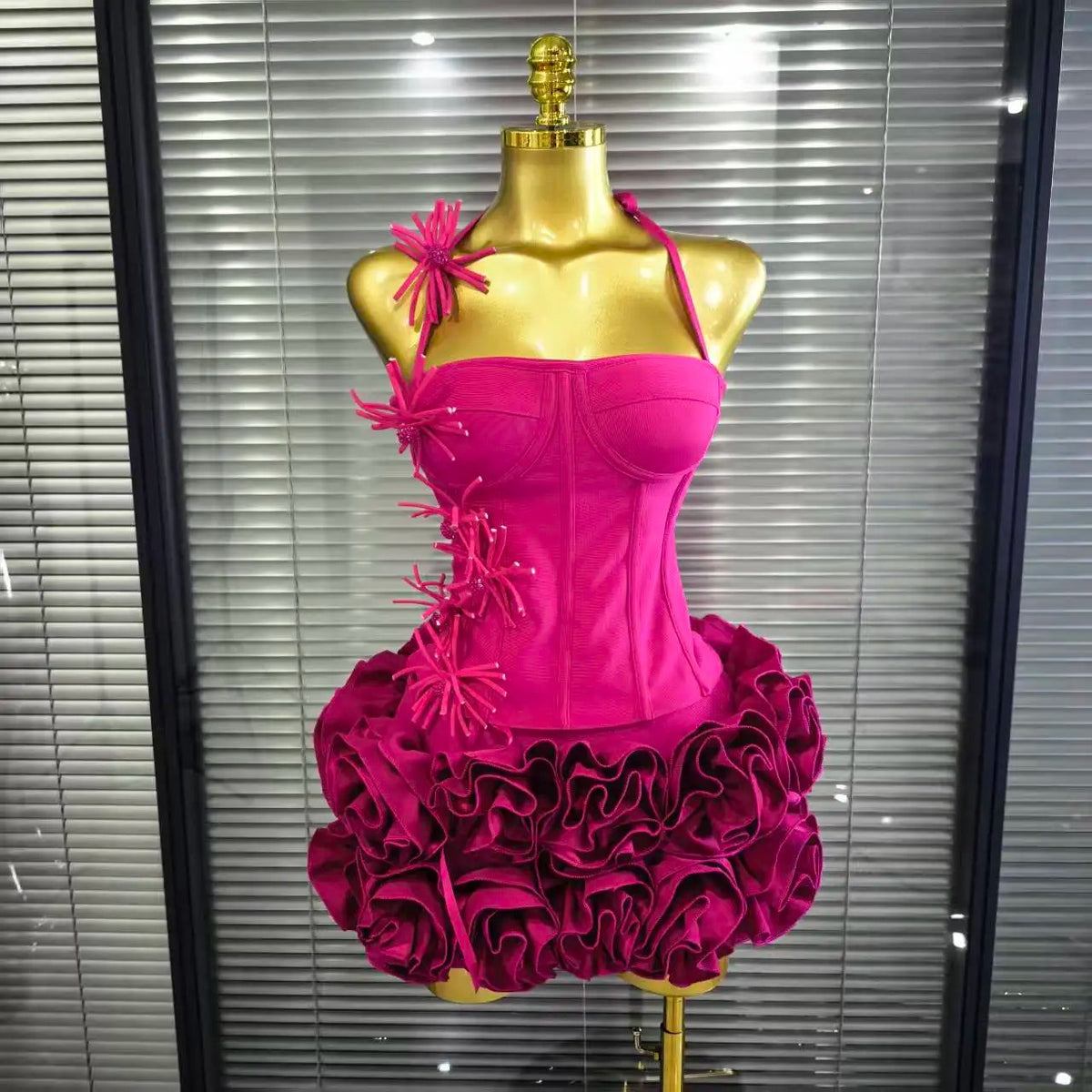 Rochie mini roșie fără bretele pentru femei – Rochie de petrecere mulată, cu volane și imprimeu floral