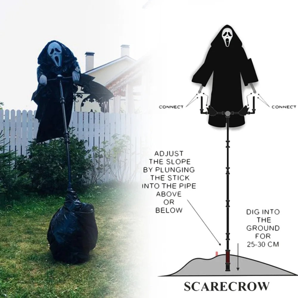 Διακόσμηση Χάλοουιν «Ghost Face Scarecrow» – Εξωτερικό κρεμαστό αντικείμενο τρόμου με ρόμπα, στύλο και πασσάλ