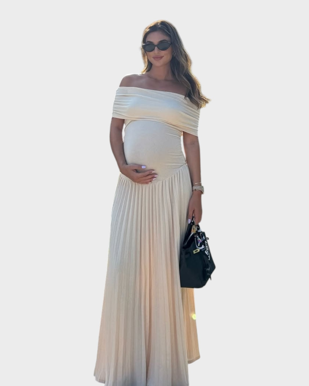 Off-shoulder maxi-kjole til gravide med plisseret nederdel | Graviditetskjole med empire-talje til festlige begivenheder og babyfester