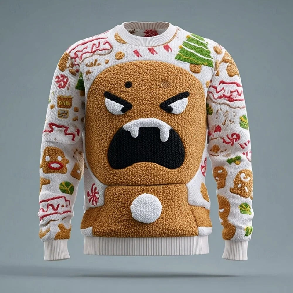 Pull de Noël pour homme – Pull en maille duveteuse à manches longues avec visage du Père Noël en 3D