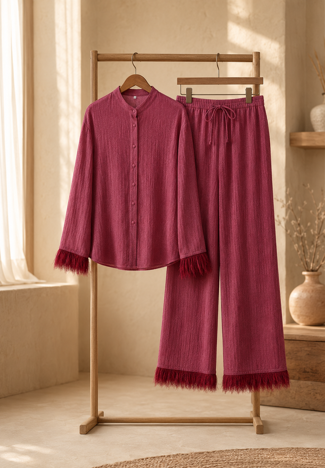 Ensemble coordonné à paillettes pour femme, composé d'un haut orné de plumes et d'un pantalon à jambes larges | Tenue de soirée en deux pièces pour les occasions festives