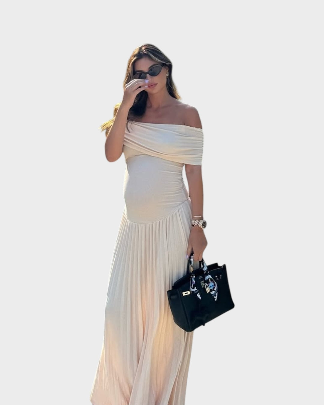 Off-shoulder maxi-kjole til gravide med plisseret nederdel | Graviditetskjole med empire-talje til festlige begivenheder og babyfester