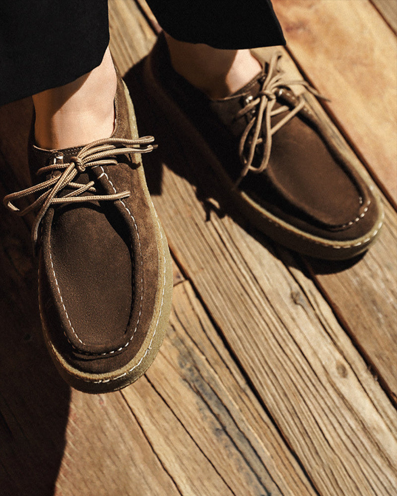 Mocasines de ante para hombre con suela de crepé | Zapatos informales con cordones y costuras en contraste | Mocasines cómodos cosidos a mano