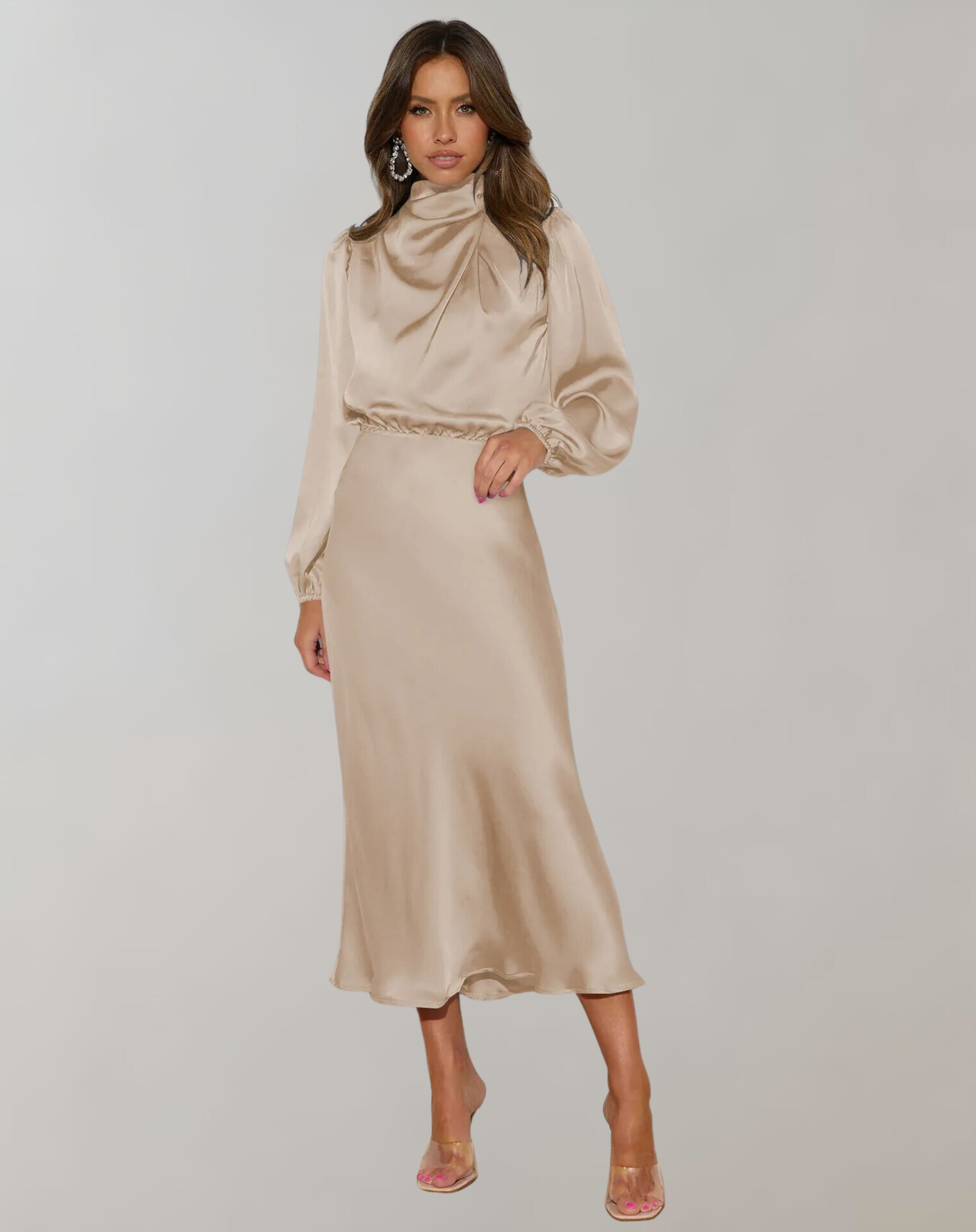 Rochie midi mulată din satin, cu mâneci lungi | Care pune în valoare silueta