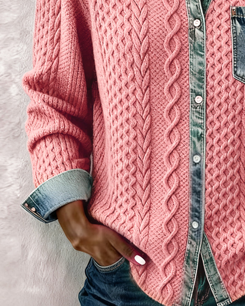 Long Sleeve Shirt with Denim Patchwork | Casual Cotton Blend Button Up Top | Regular Fit Shirt Collar Blouse for Daily Wear