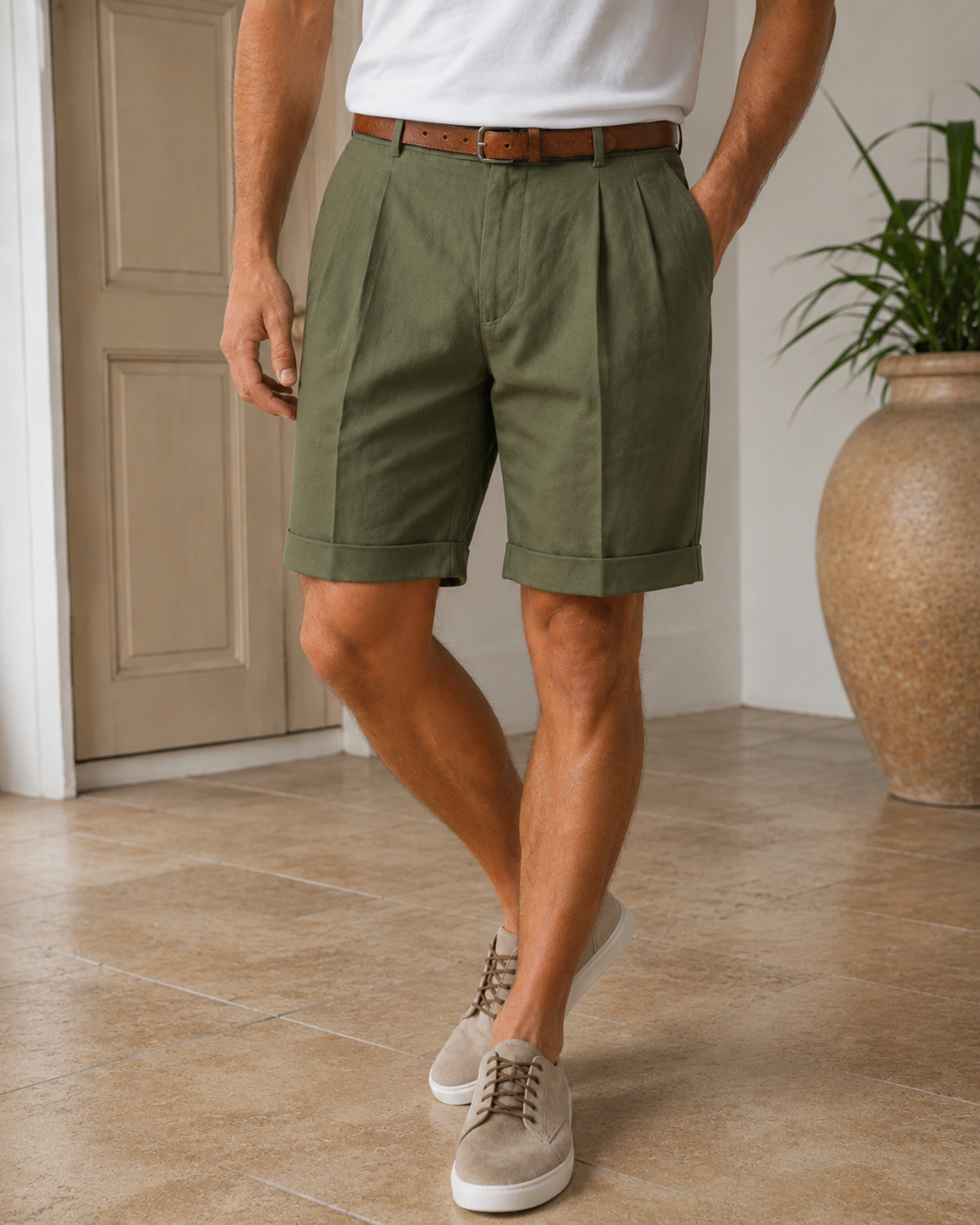 Short classique à plis pour homme | Short chino d'été chic et décontracté, coupe ajustée, en tissu structuré et avec braguette à fermeture éclair