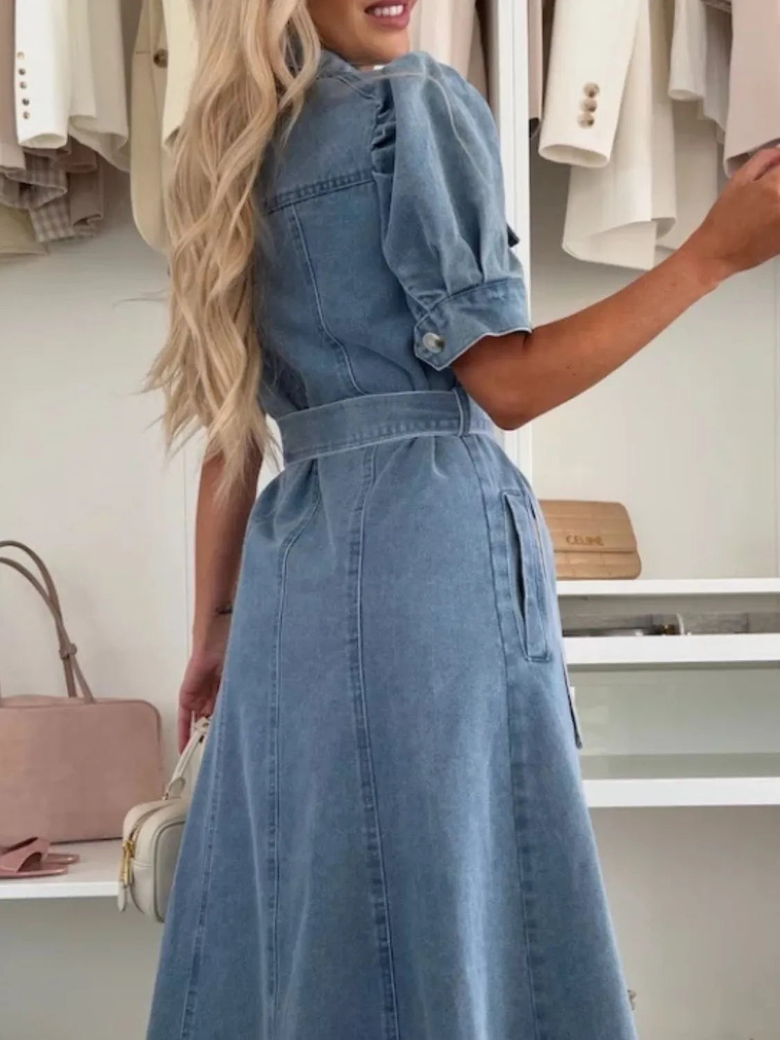 Maxi-denimkjole med ærmer