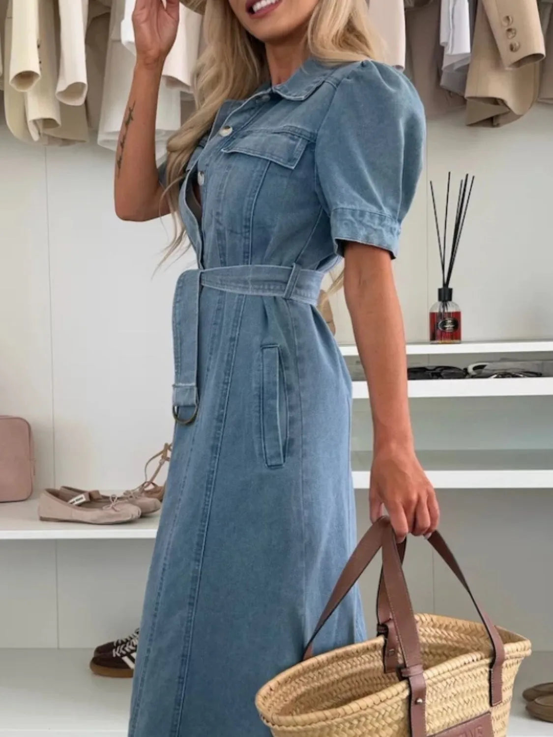 Maxi-denimkjole med ærmer