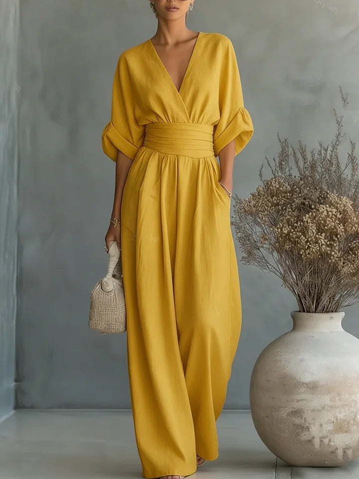 Women's V-Neck Wide Leg Jumpsuit - Lightweight Short Sleeve Fluid One-Piece with Cinched Waist for Summer and Evening Events