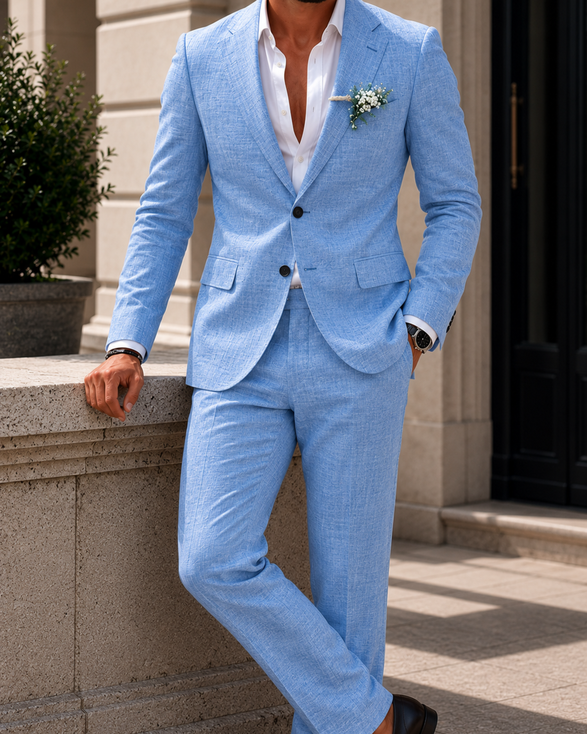 Costume deux pièces en lin coupe ajustée pour homme | Costume de mariage d'été léger et respirant, composé d'une veste à simple boutonnage et d'un pantalon