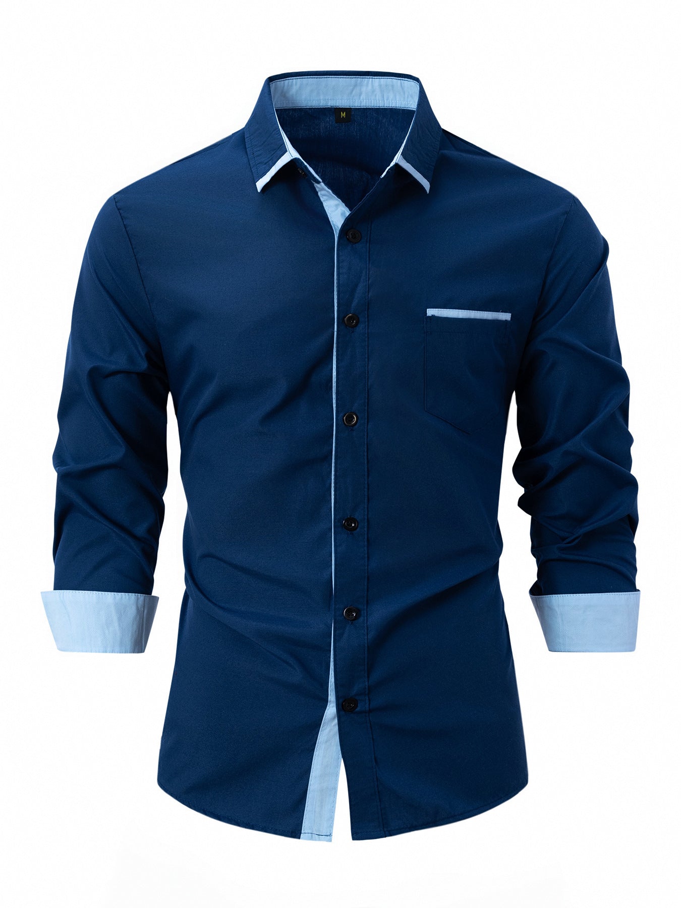 Camicia uomo blu scuro elegante, maniche lunghe, colletto classico, dettagli interni azzurri, perfetta per abbigliamento formale e casual.