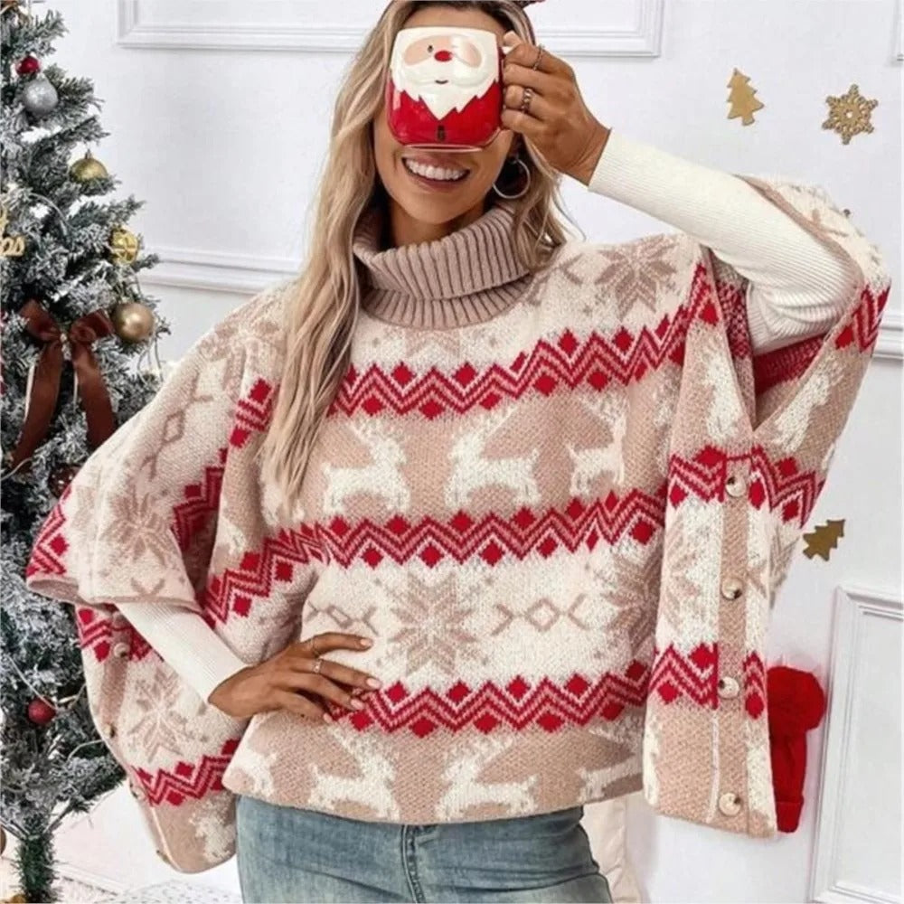 Women's Christmas Turtleneck Sweater – Loose Fit Batwing Sleeve Knit Pullover