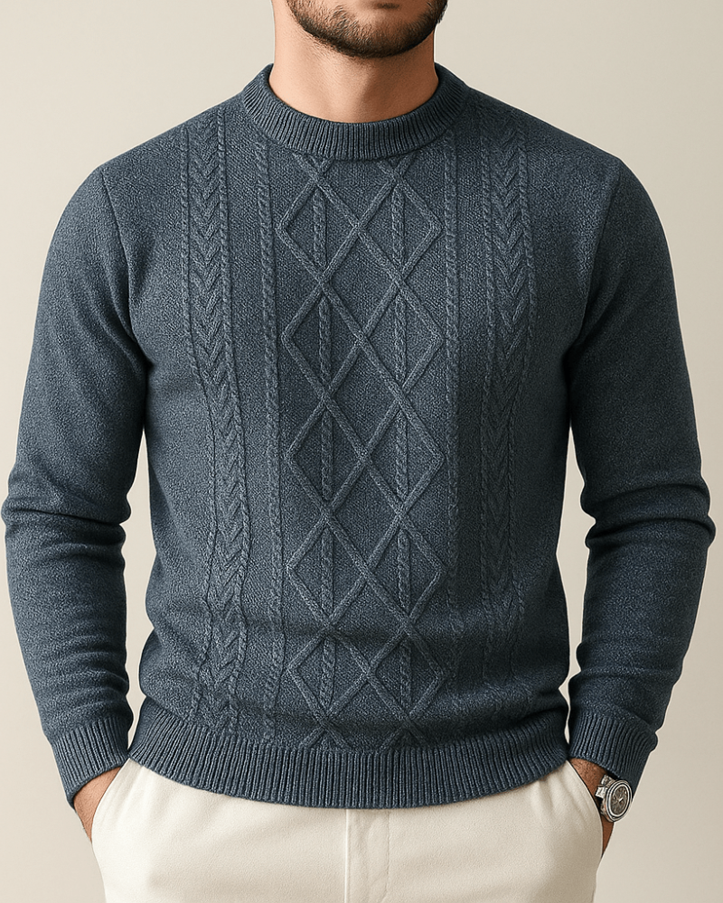 Męski sweter z dzianiny z okrągłym dekoltem i wzorem w romby