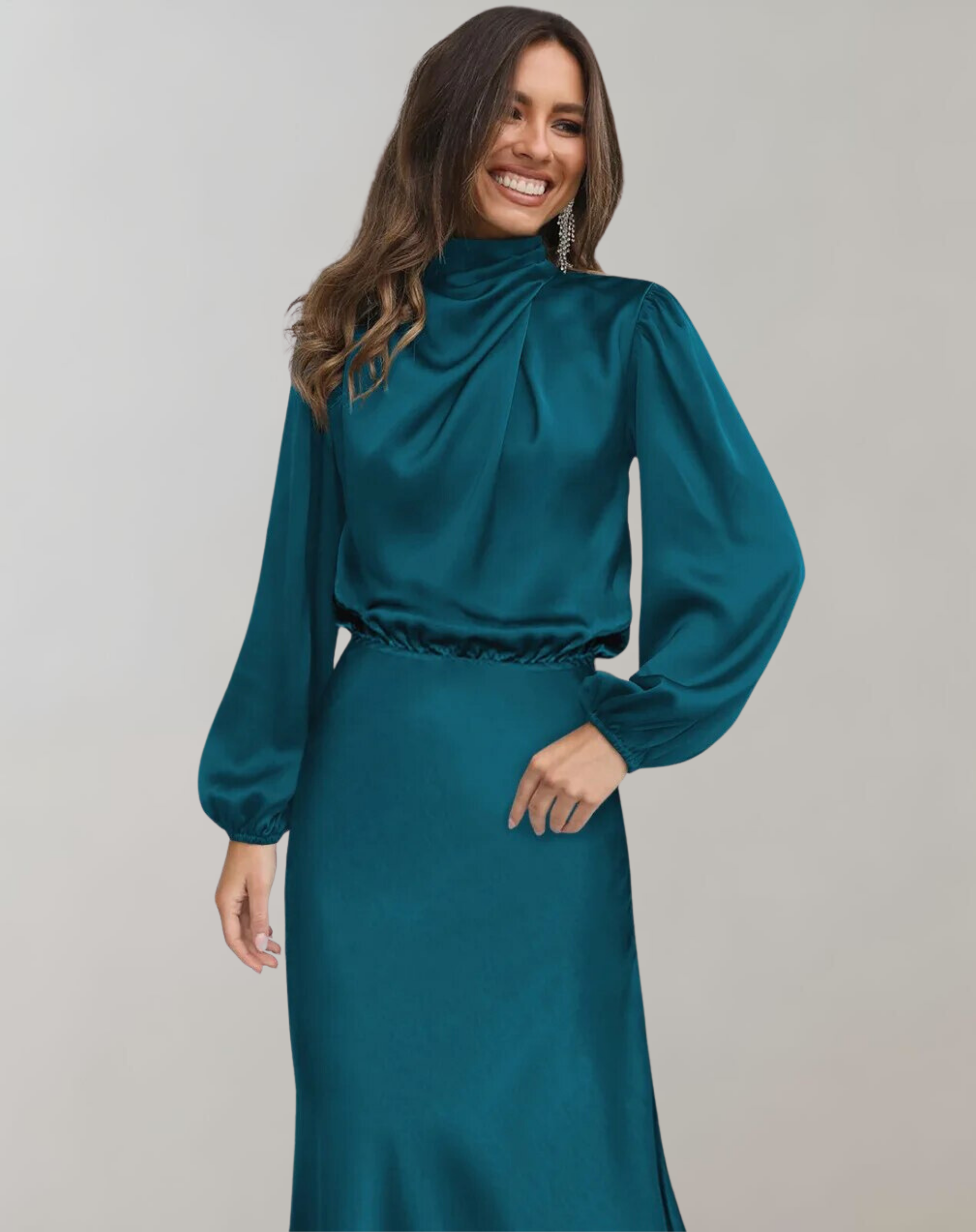 Rochie midi mulată din satin, cu mâneci lungi | Care pune în valoare silueta