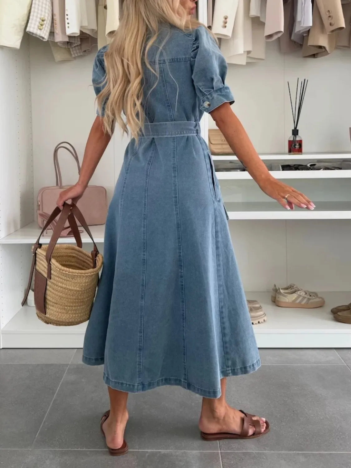 Maxi-denimkjole med ærmer
