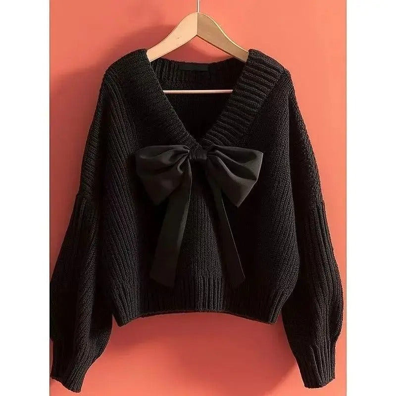 Pull en maille à col en V pour femme avec grand nœud – Pull élégant à manches chauve-souris