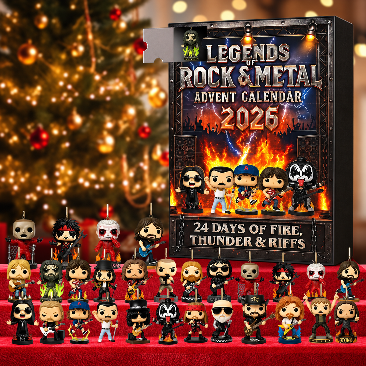 Rock Legends adventi naptár 2026 | 24 darabos zenei ikonokból álló gyűjtői szett rockzenekar-miniatűrökkel és gitáros figurákkal