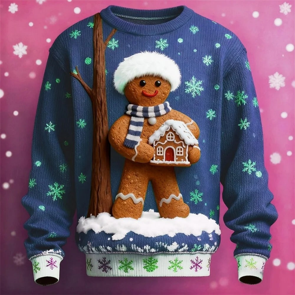 Pull de Noël pour homme – Pull en maille duveteuse à manches longues avec visage du Père Noël en 3D