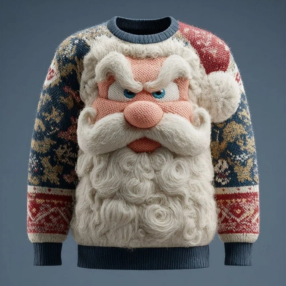Pull de Noël pour homme – Pull en maille duveteuse à manches longues avec visage du Père Noël en 3D